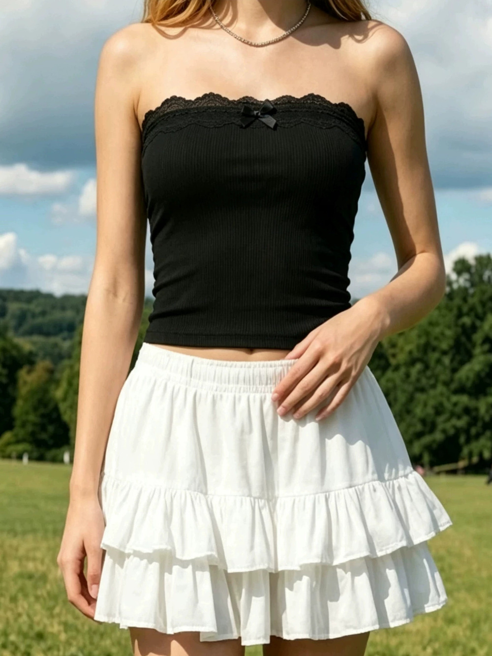 Zara Black Lace Bow Ribbed Strapless Tube Top Bandeau Cami